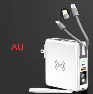 Black and white QI wireless charging power bank with PD20W fast charging and international travel plugs