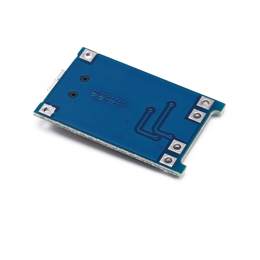 Blue lithium battery charging and protection integrated circuit board measuring 2.6 by 1.7 centimetres