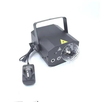 Black and white LED laser magic fan stage light with remote control on a dark background.