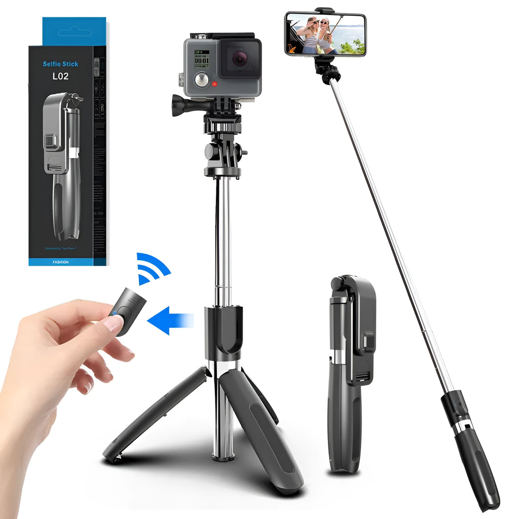 Black extendable Bluetooth selfie stick with tripod legs and wireless remote on a white background.