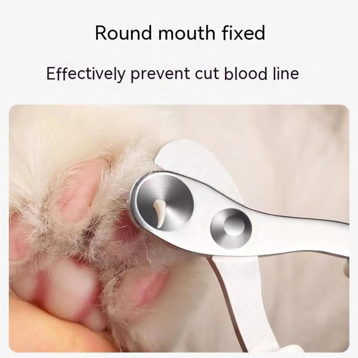 Blue pet nail clippers with circular cutting hole and cushioned non-slip handles on a white background.