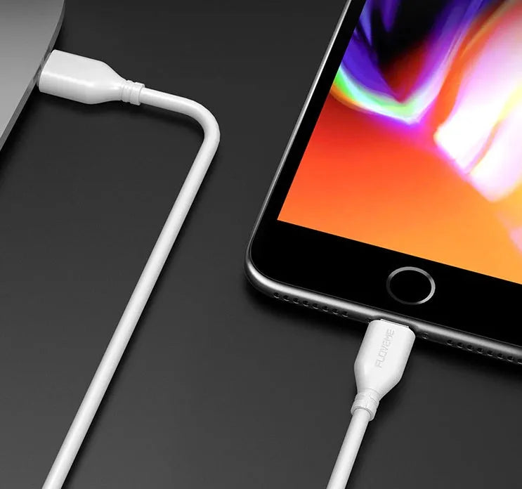 White nylon-braided USB-C to Lightning cable measuring 1 metre with aluminium connectors
