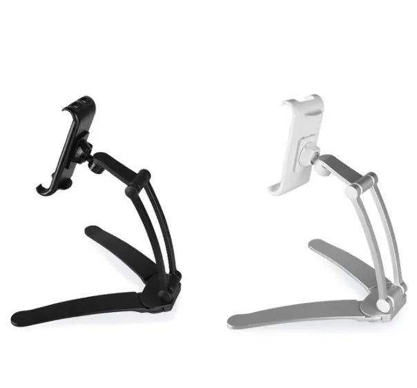 Silver aluminium alloy desktop tablet stand holding a tablet at an adjustable angle with a white mounting base.