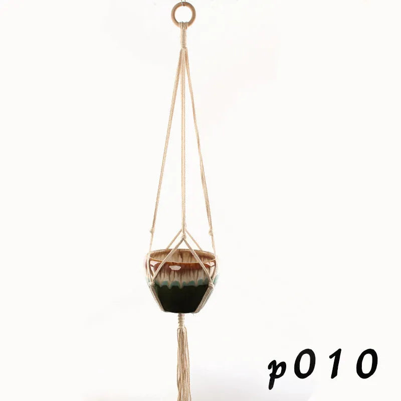 Woven wire plant hanger with cotton rope and jute twine in multiple style configurations