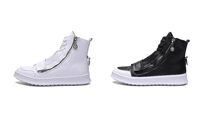 Men's black and white high-top style winter ankle boots made from PU leather and microfiber.