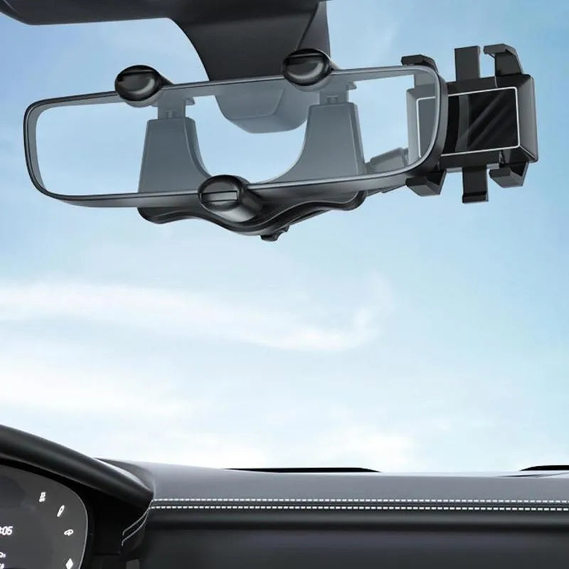 Black rearview mirror phone holder for car showing 360° rotation and retractable arm
