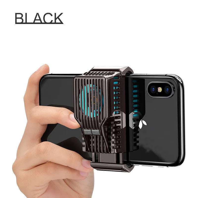 Black mobile phone cooling radiator with aluminium heatsink and clip, shown with USB cable.