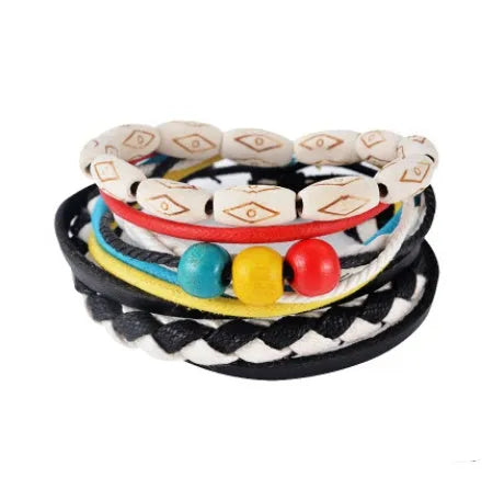 Hand-woven brown leather wrap bracelet with wooden beads on a 6cm adjustable band.