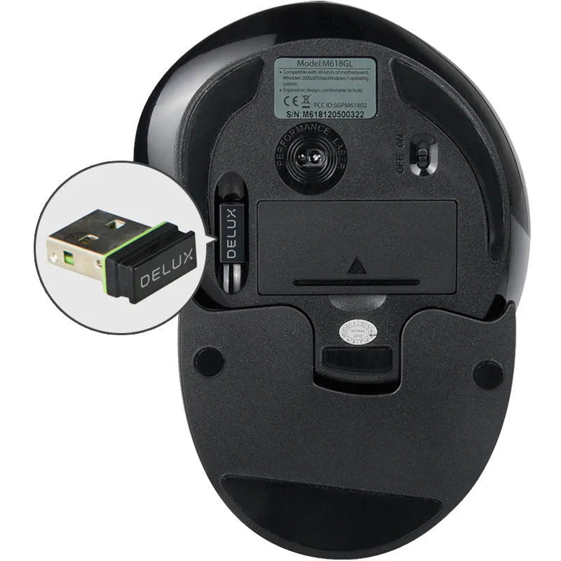 M618 wireless vertical ergonomic mouse in black or white with programmable buttons and USB receiver
