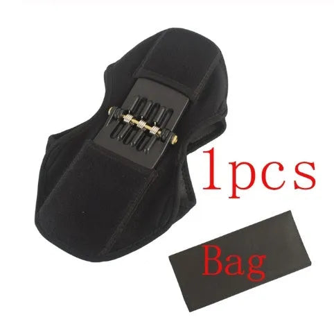 Adjustable black spring knee brace with straps and venting holes for sports support.