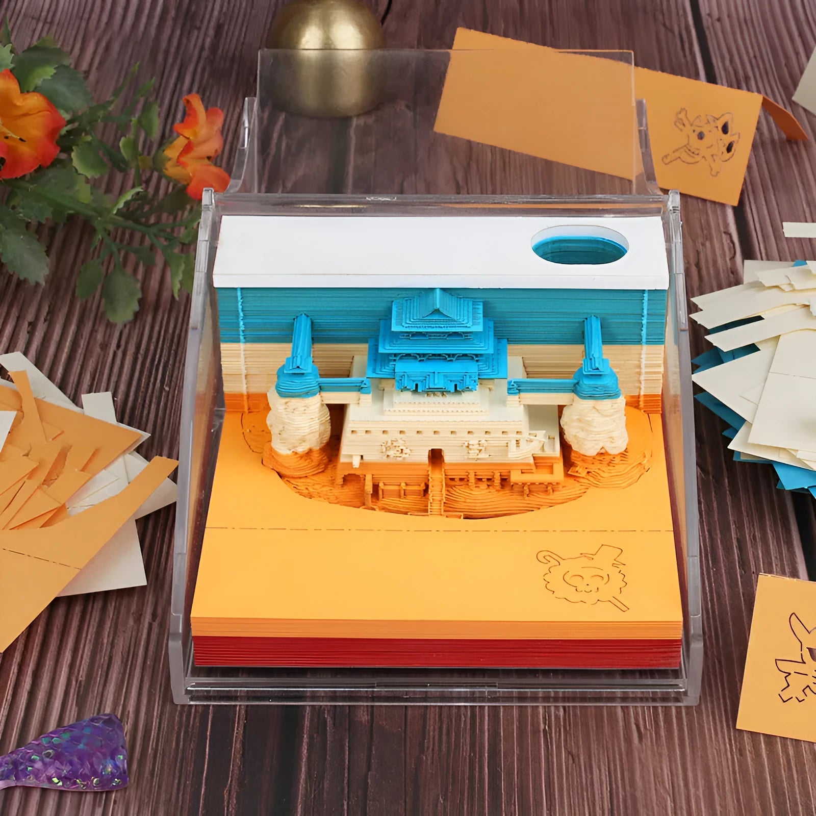 One Piece anime architecture modelling notepad with 80x45mm hand tear sticky notes showing fantasy building designs