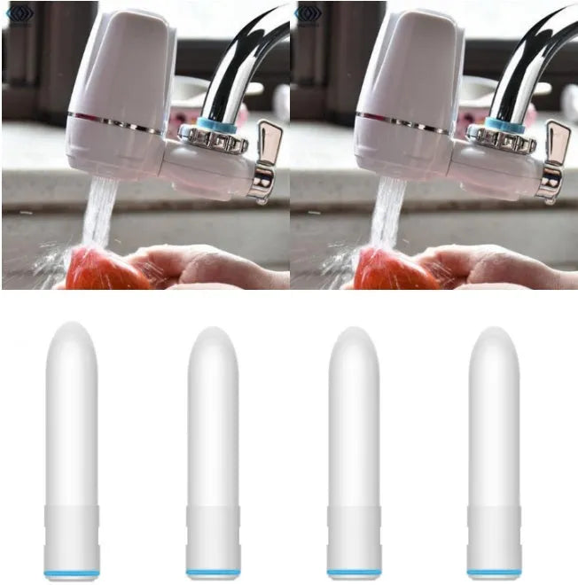 White plastic kitchen tap water filter with ceramic cartridge and installation adapters