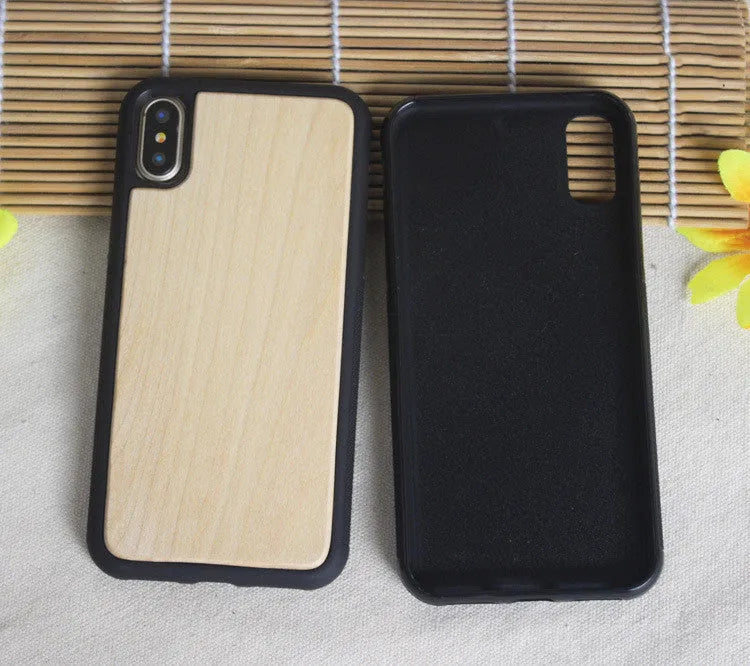 Wooden hybrid phone case with a carbonised bamboo back and black TPU bumper for iPhone.