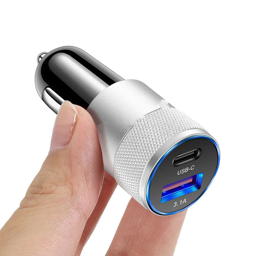Aluminium alloy mobile phone car charger showing compact design and vehicle power connection