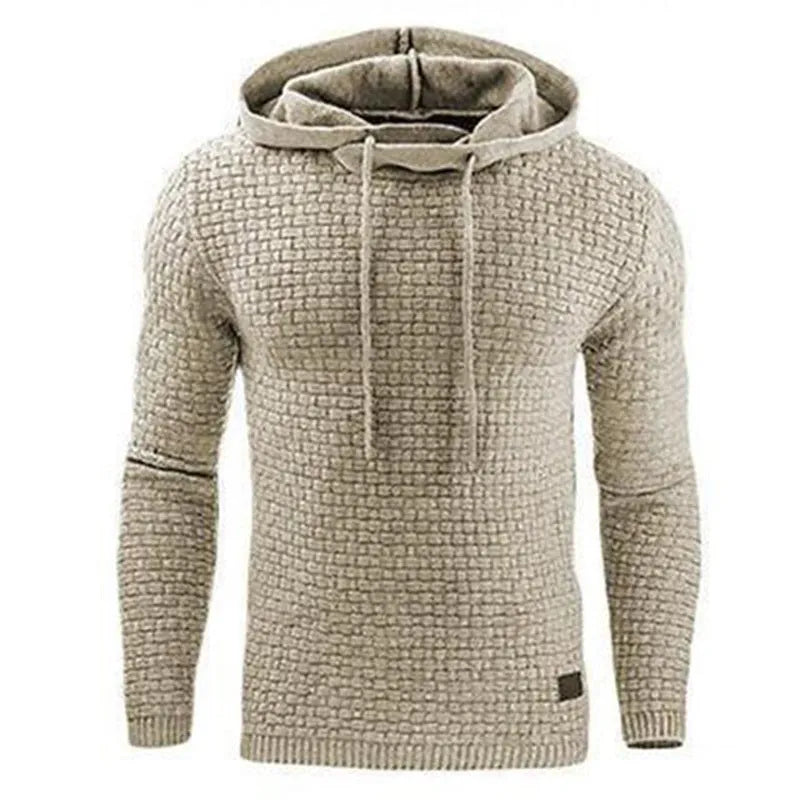 A man's plain hooded sweatshirt in a cotton-polyester blend, shown in multiple colour options.
