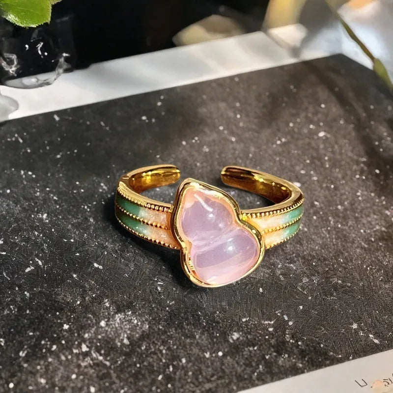 Adjustable vintage copper gourd ring with oil-dripping colour finish and inlaid zircon gemstones