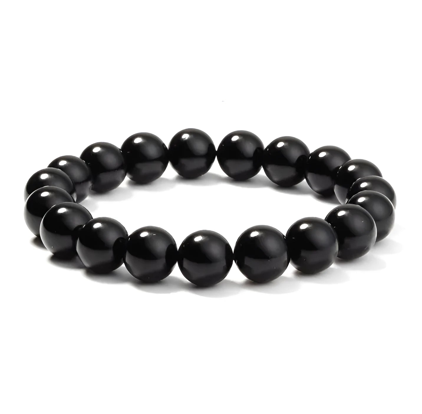 A geometric black onyx bracelet for women with 8mm beads on an elastic cord.