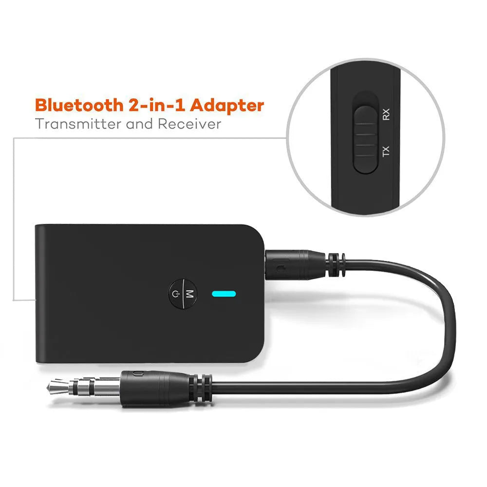 Black Bluetooth audio adapter with 3.5mm connector and external power supply