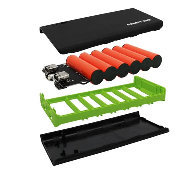 20000mAh portable power bank in red, blue, green, yellow, or black colours with compact dimensions