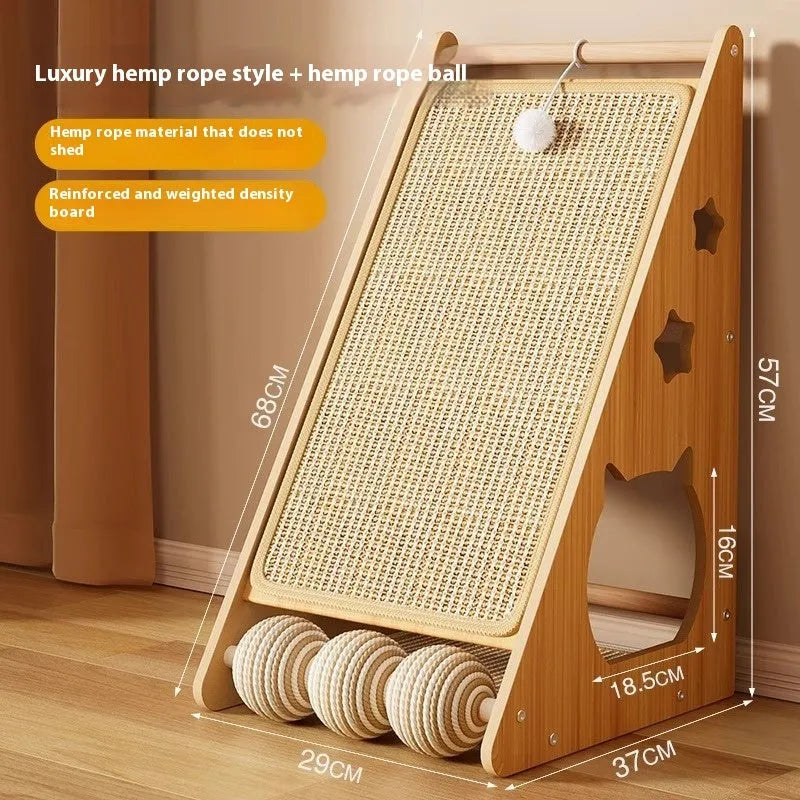 Vertical cat scratch board with hemp rope and sisal surface, wall-mounted design