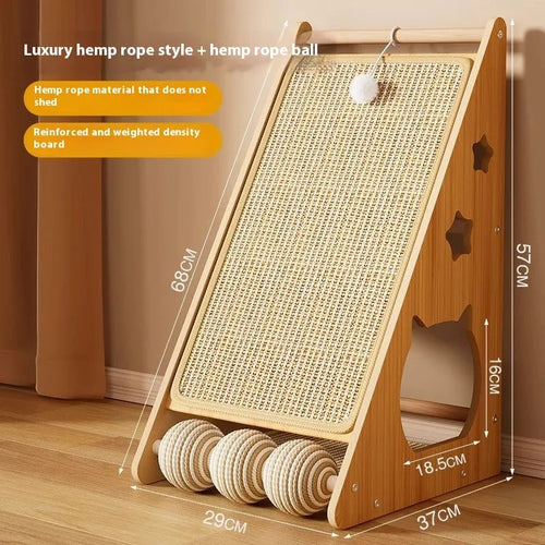 Vertical cat scratch board with hemp rope and sisal surface, wall-mounted design