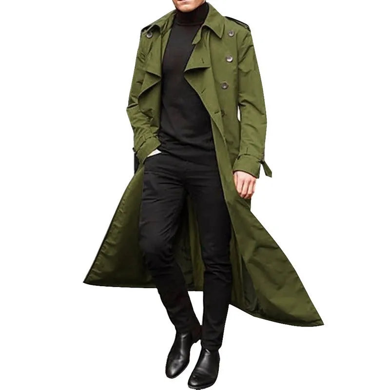 Men's long trench coat with epaulettes in khaki colour, polyester blend fabric, full-length front view