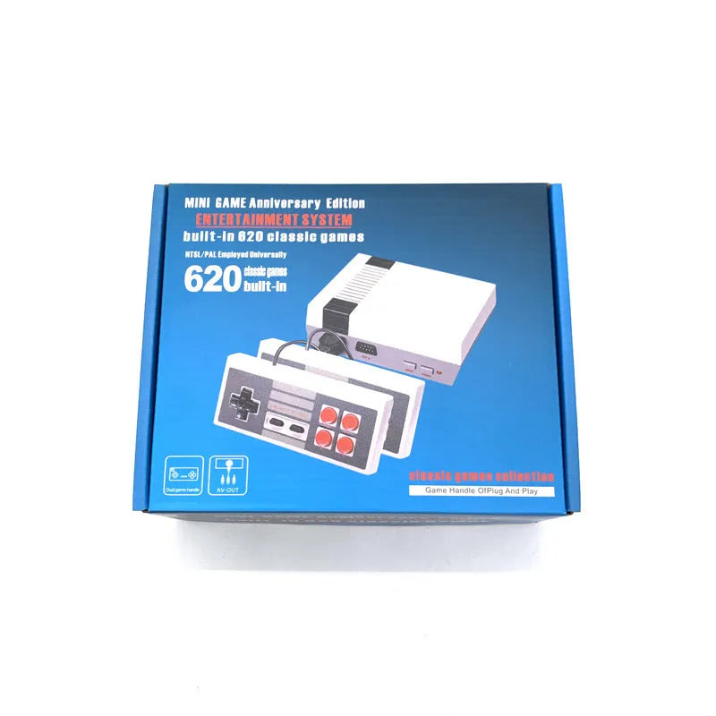 NES retro game console with two controllers, power supply, and AV cable on dark surface