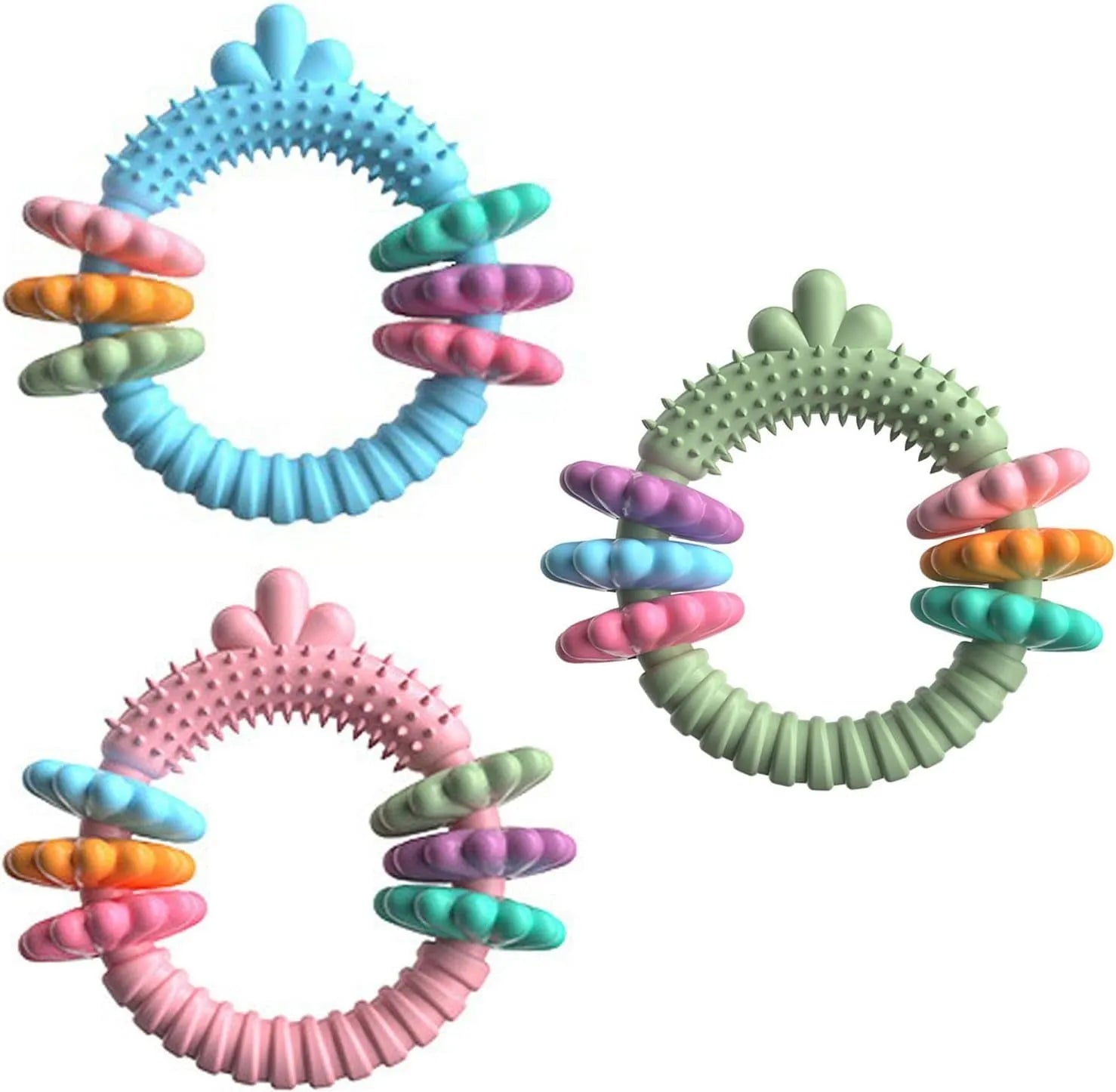 TPR dog chew toy for small dogs in blue, green, or pink colours with squeaky sound feature