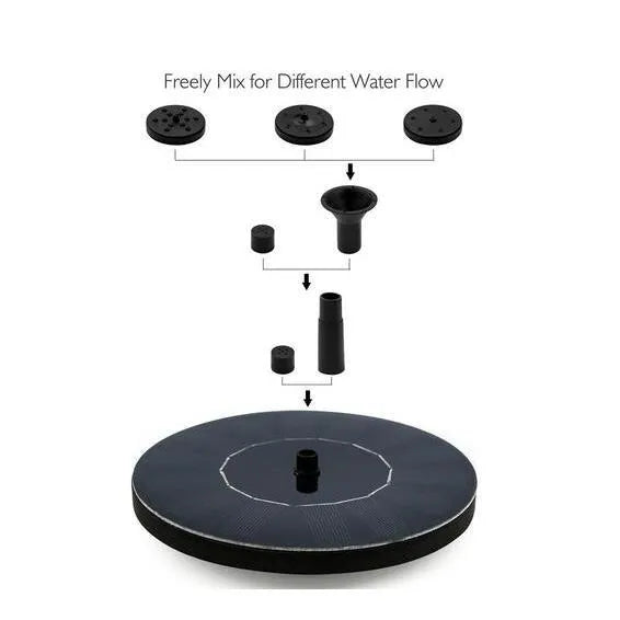 Black solar panel fountain pump with multiple nozzles for garden ponds and birdbaths.