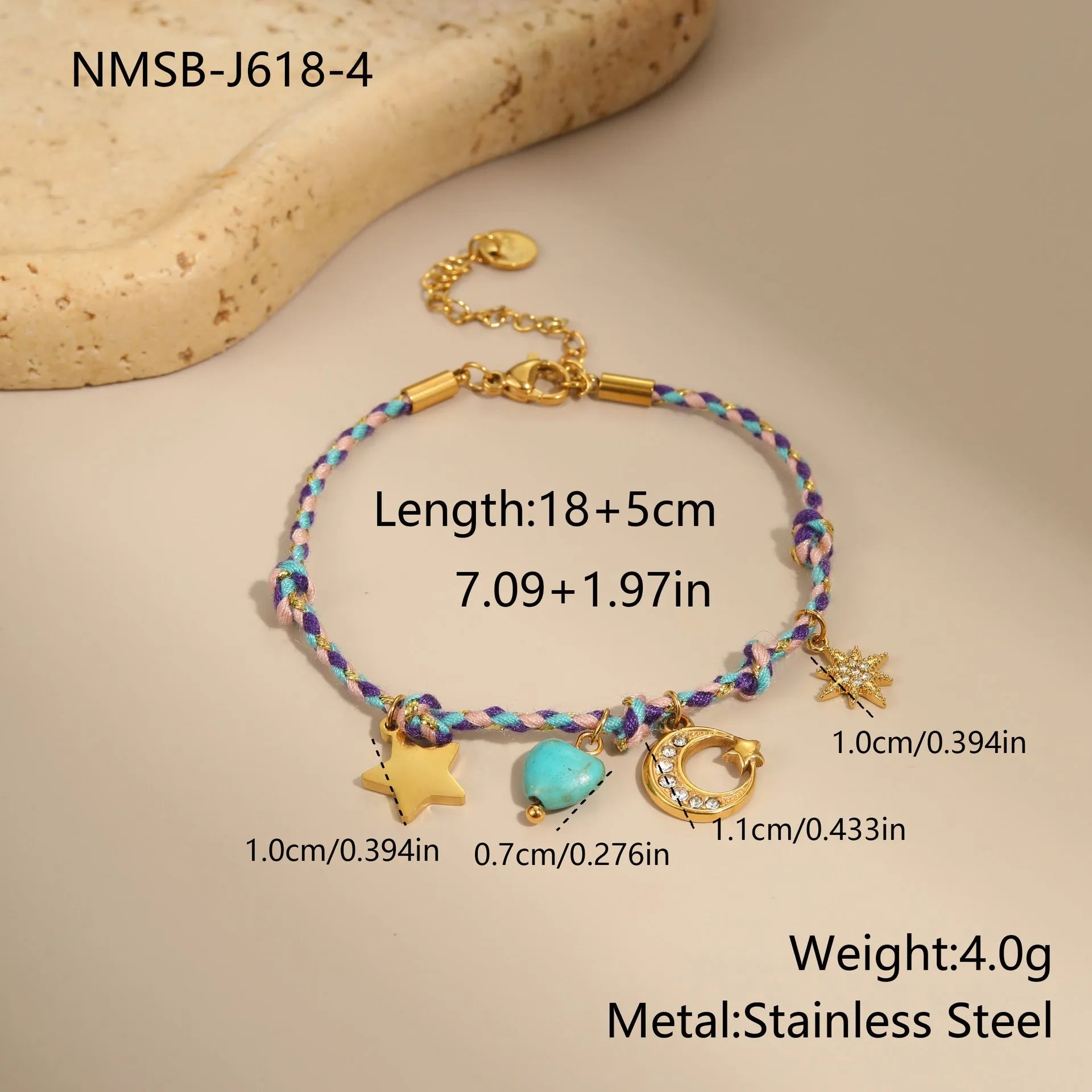 Handmade braided rope necklace or bracelet with stainless steel chain and geometric pendant in 18K titanium steel finish