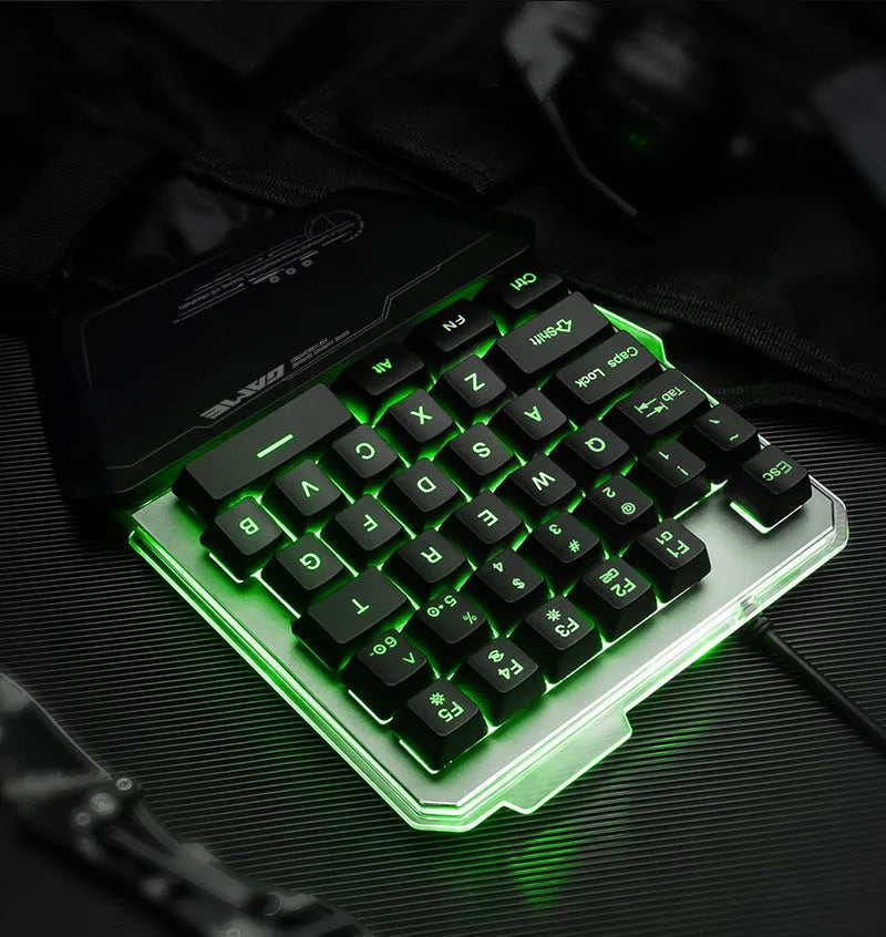 Black robotic one-handed keyboard with RGB backlighting and mechanical switches