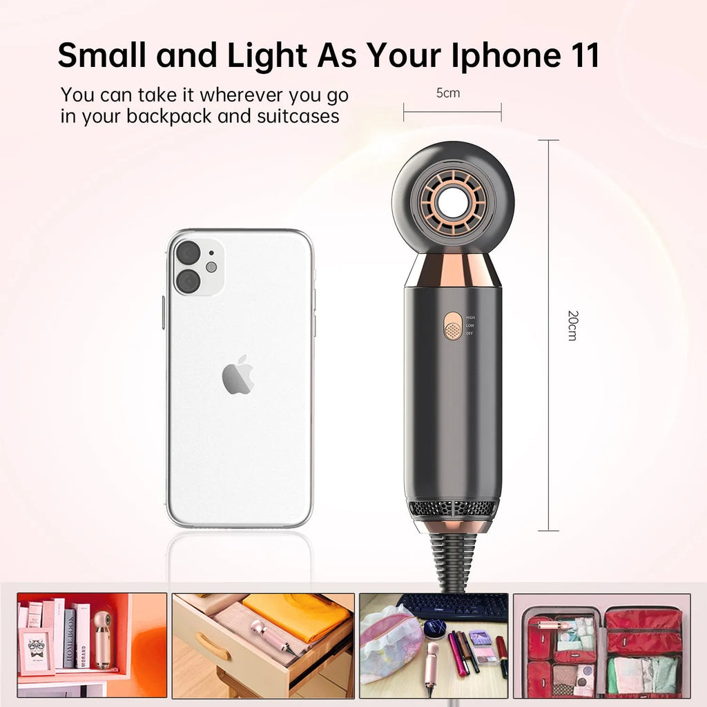 Compact 800W hair dryer with diffuser accessory showing 20cm length design