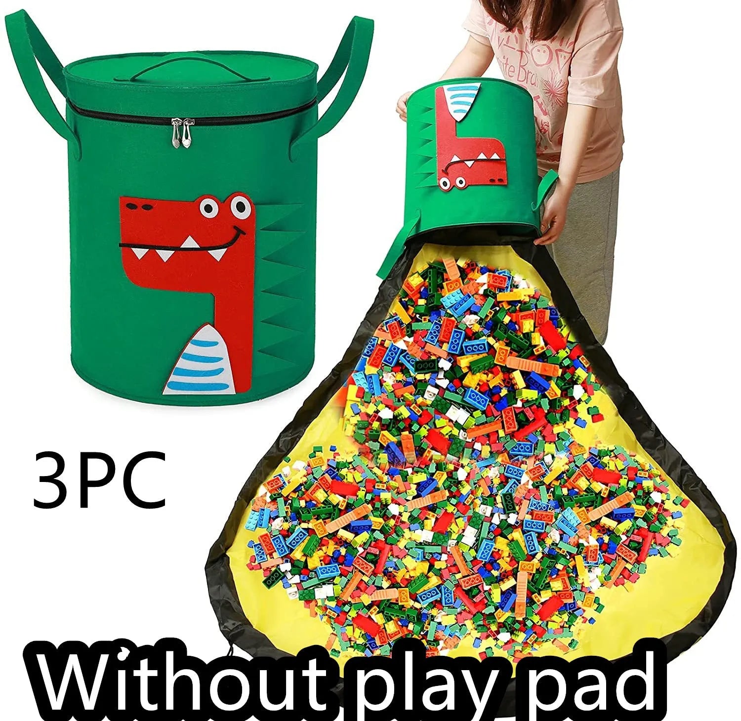 Green felt cube storage bag with pull rope, shown as a toy organiser and play mat.