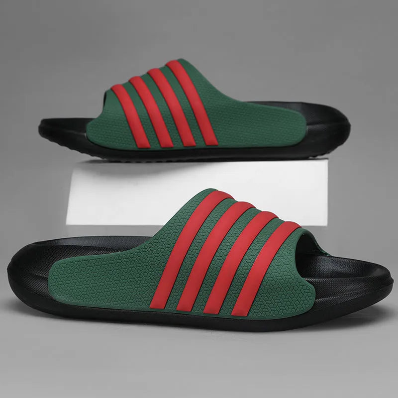 Men's casual slippers with a PVC upper and EVA sole in a two-tone colour option on a plain background.