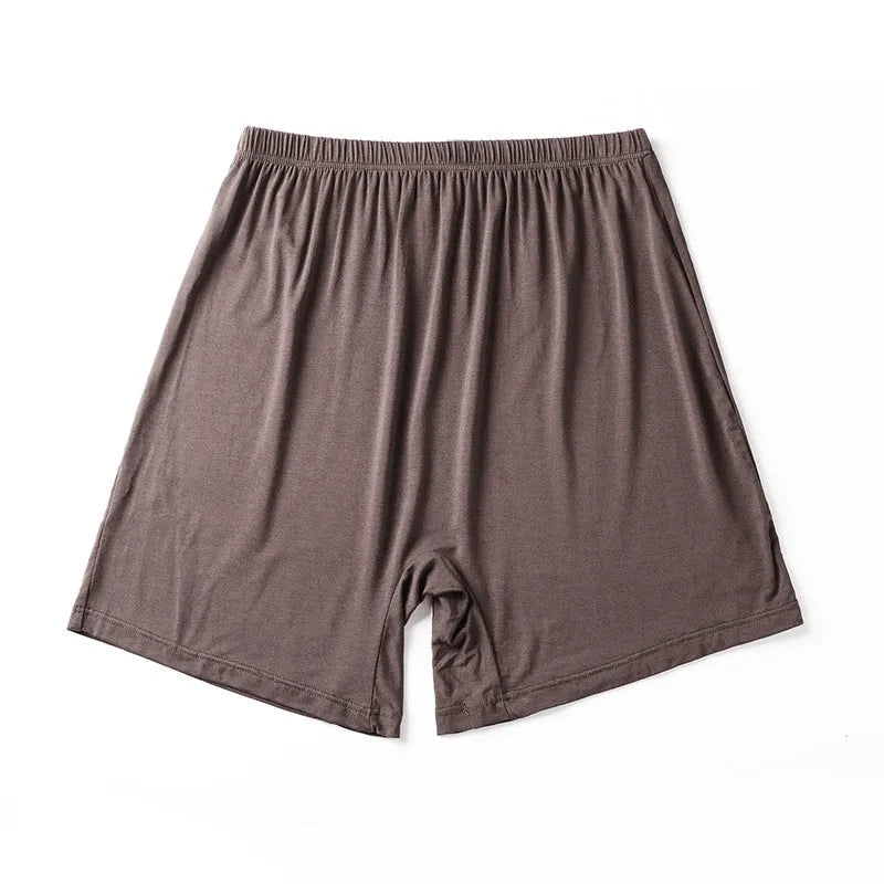 Men's solid colour modal boxer shorts with high waistband, shown in black, blue, gray, and brown.
