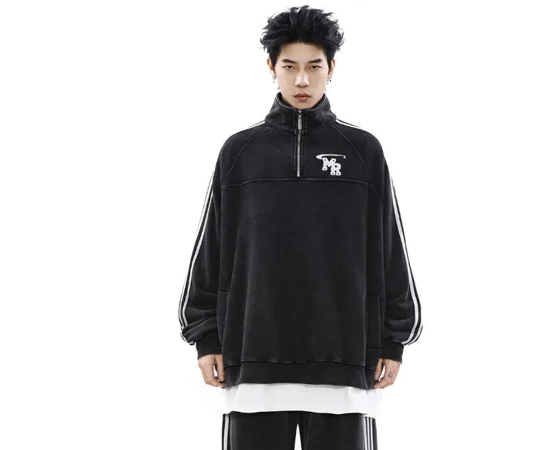 Black polyester stand collar hoodie with Hong Kong style casual sports design