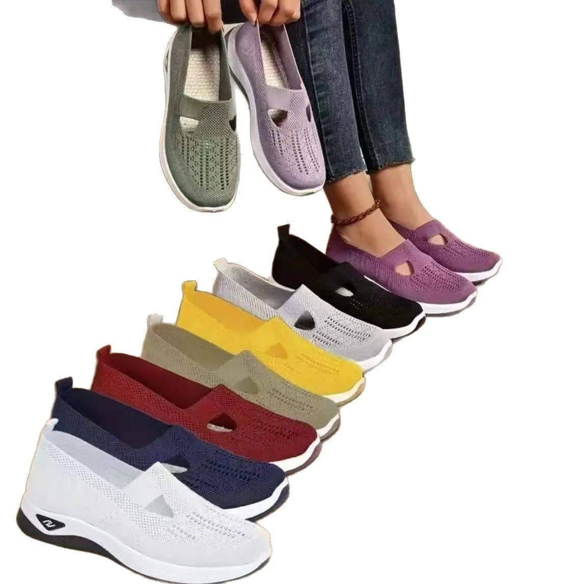 Casual mesh T-strap flat shoes with soft PVC sole in multiple colours on a white background.
