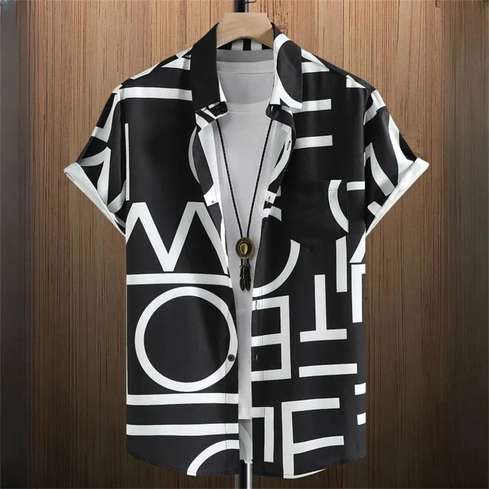 Men's loose fit camouflage pattern short sleeve cardigan shirt on a hanger.