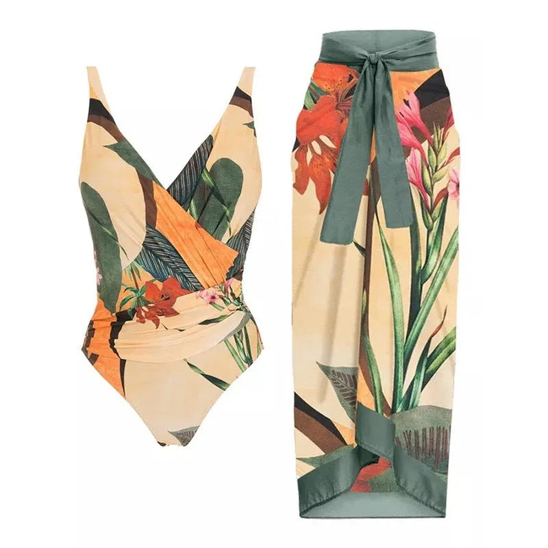 Women's solid colour one-piece swimsuit with spaghetti straps and matching skirt set