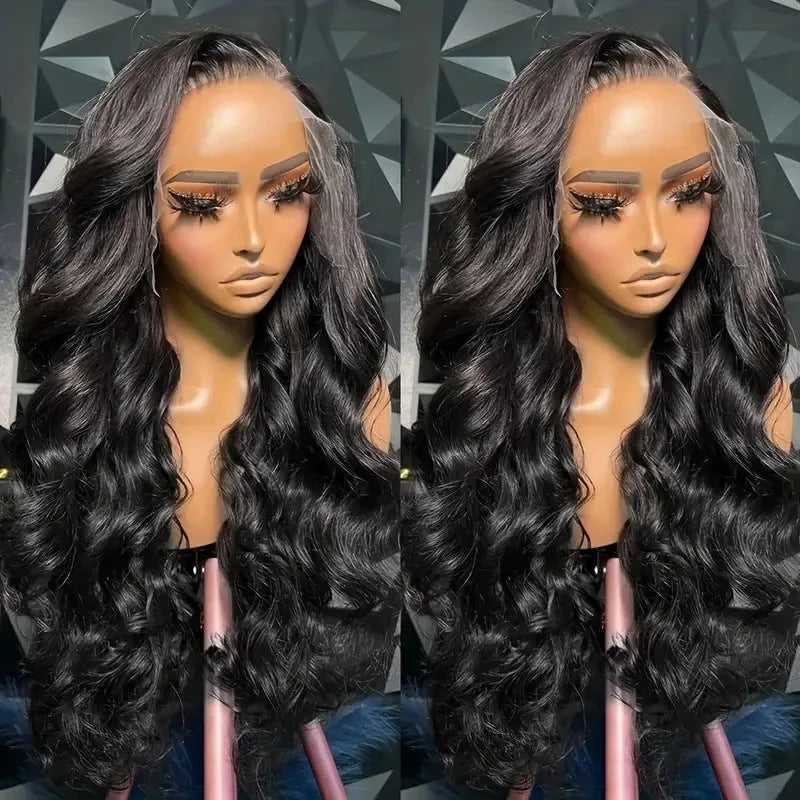Black medium-long curly synthetic full-head wig on display showing natural wave pattern