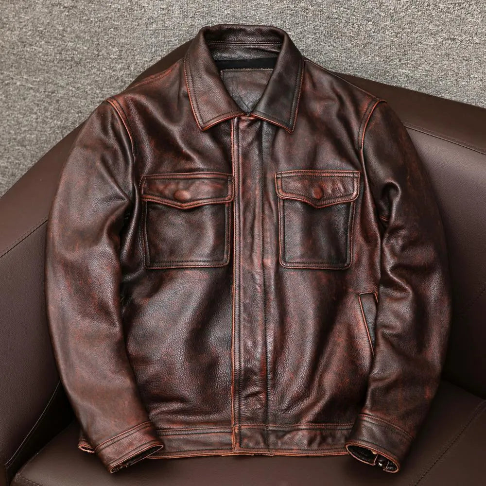 Men's black retro-style PU leather jacket with side pockets shown on a model, plus size loose fit.