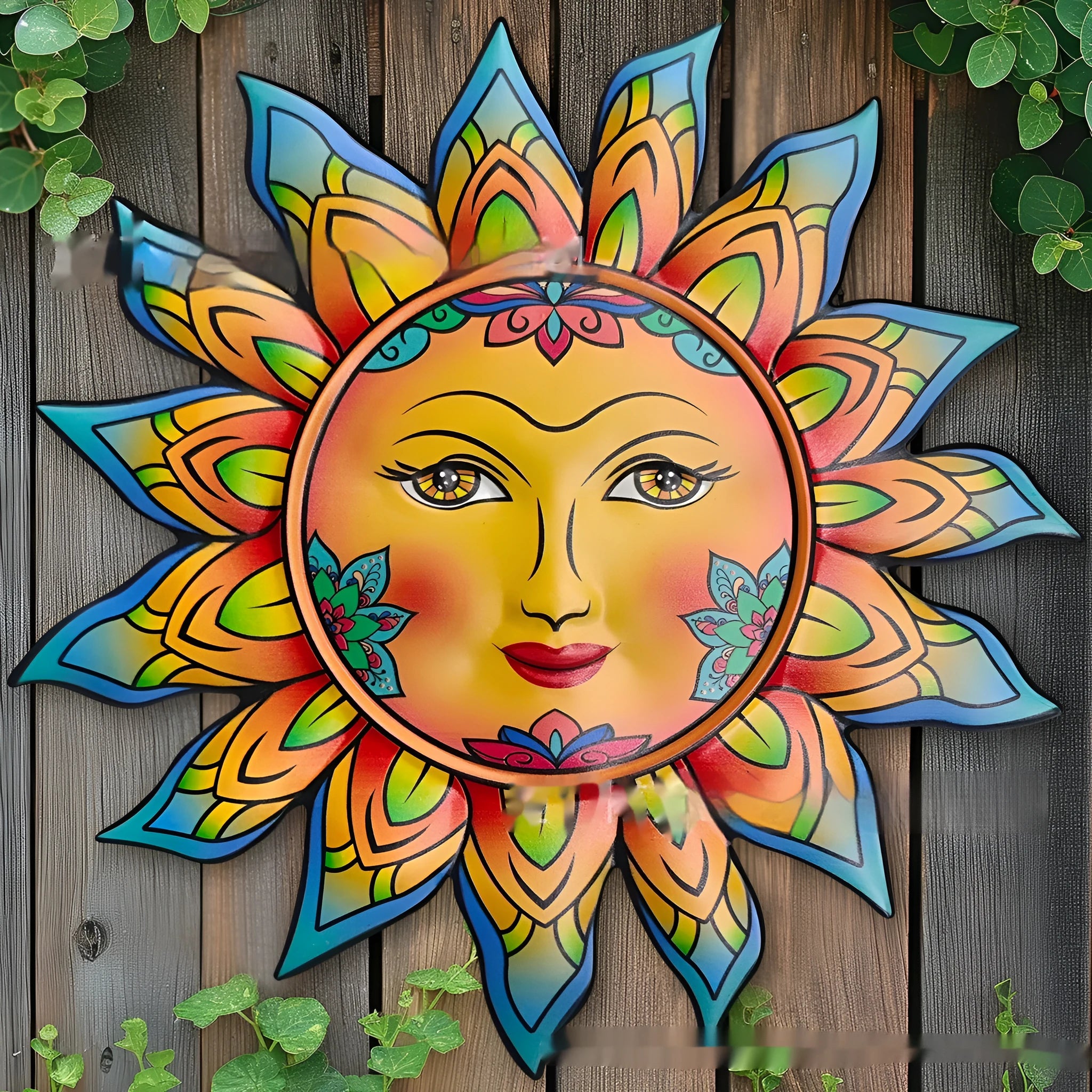 Iron sun face decorative wall hanging with detailed metal patterning in garden theme