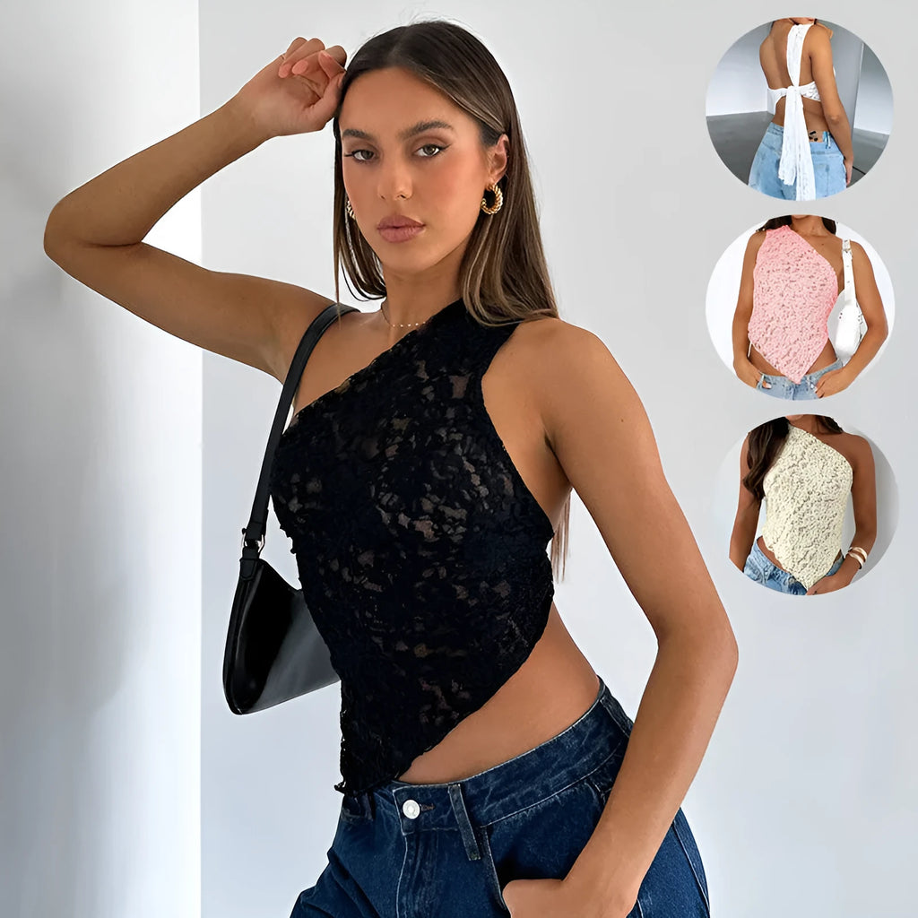 Women's slim fit lace backless sleeveless top with asymmetrical neckline in solid colour