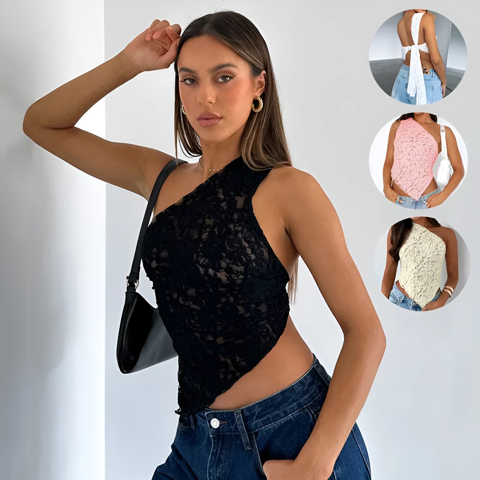 Women's slim fit lace backless sleeveless top with asymmetrical neckline in solid colour
