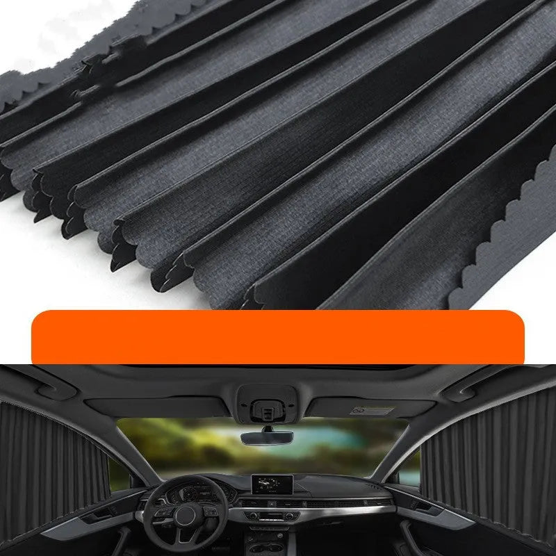 Thick opaque retractable car sunshade curtain in black colour with roller shutter mechanism