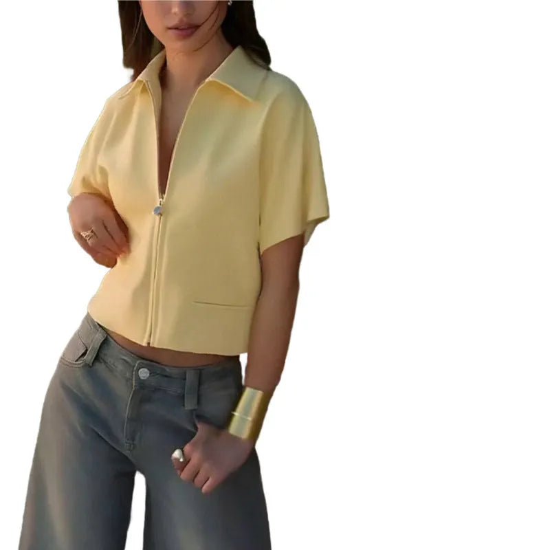 Women's loose-fit short-sleeved polyester casual top in yellow