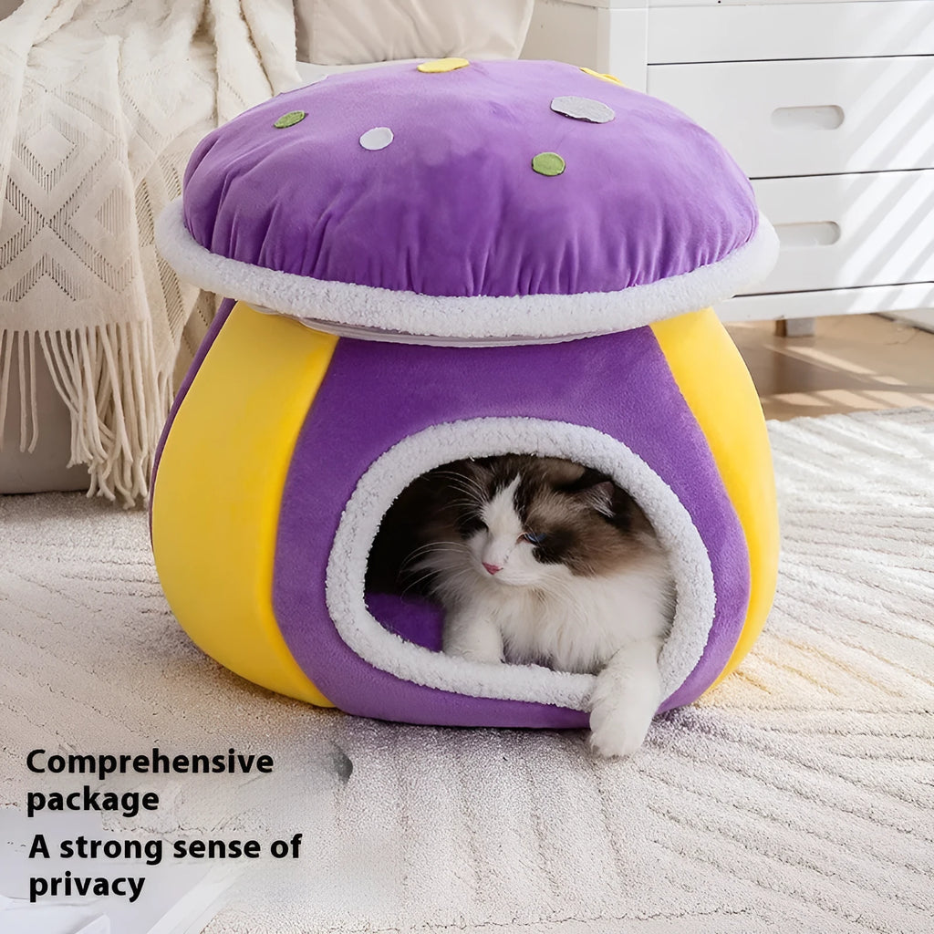 Grey mushroom-shaped plush cat bed with a detachable design and included blanket.