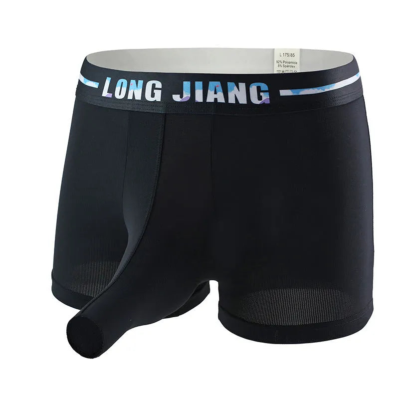 Men's Ice Silk trunk open boxers in grey blue colour, showing thin knitted fabric and mid waist design.