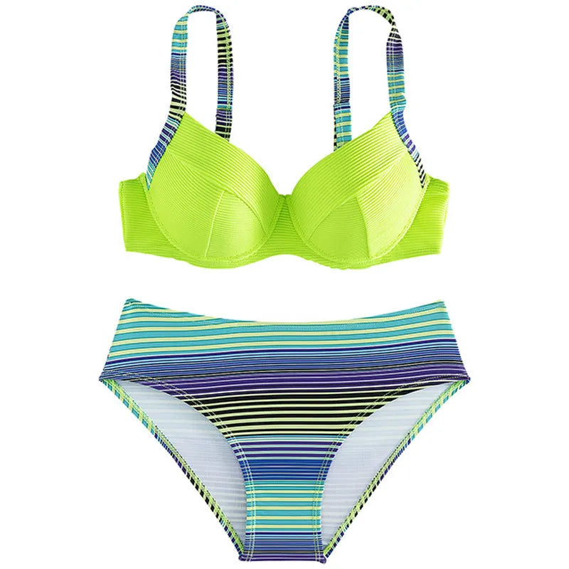 Green printed halter bikini set with split-style briefs for women