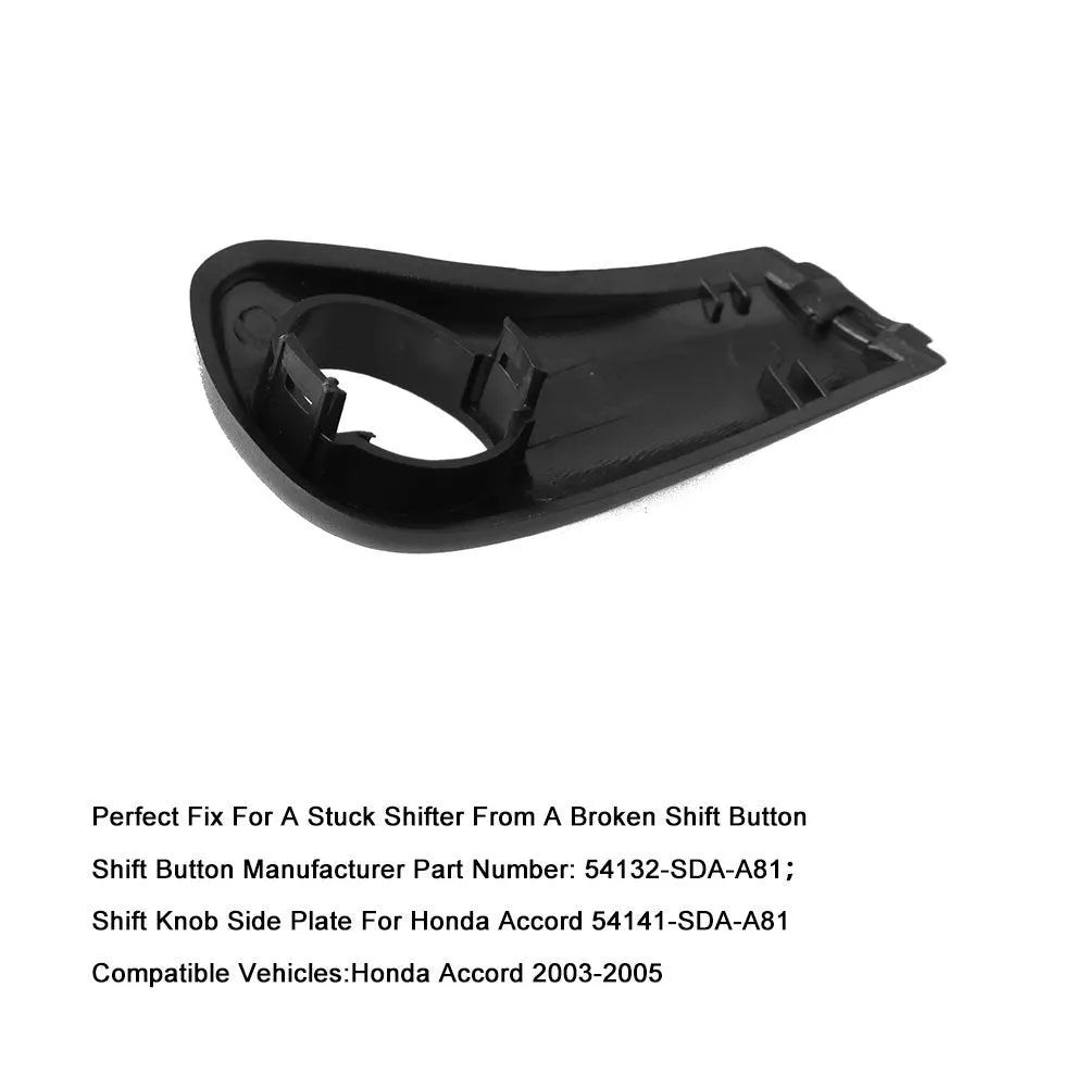 Black plastic shift button replacement kit for Honda Accord, includes button, spring, and side plate on white background.